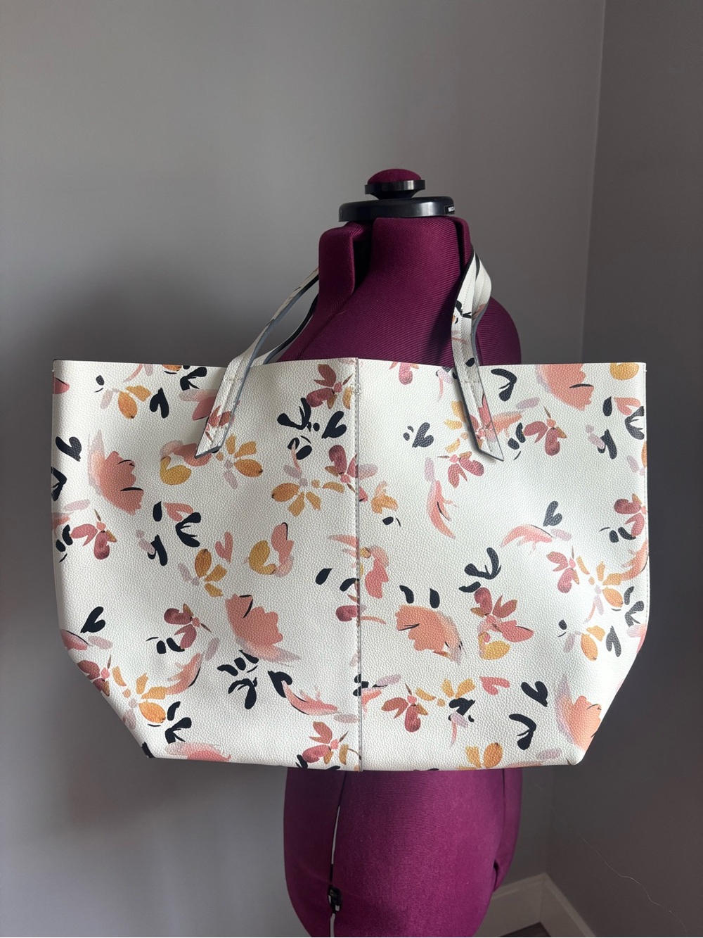 Indigo Floral Print White Tote Bag with Pink and Peach Accents